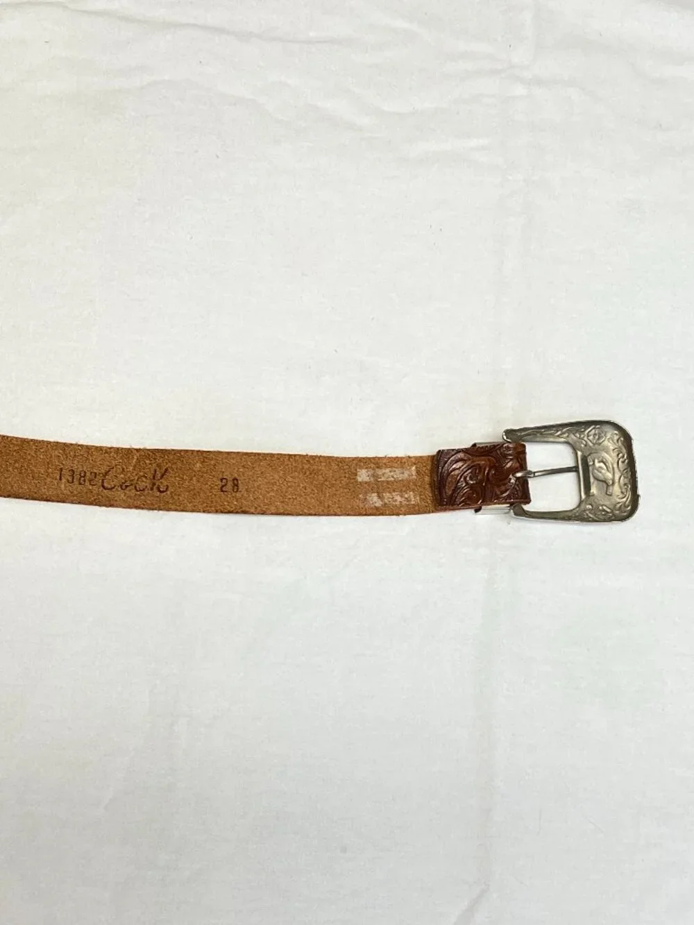 C&ck Tooled Leather Ornate Silver Tone Buckle Narrow Belt Brown Cowgirl Western